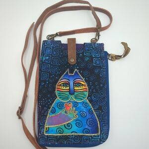 Laurel Burch Cat Crossbody Bag Blue Leather Strap Small Purse Phone Holder